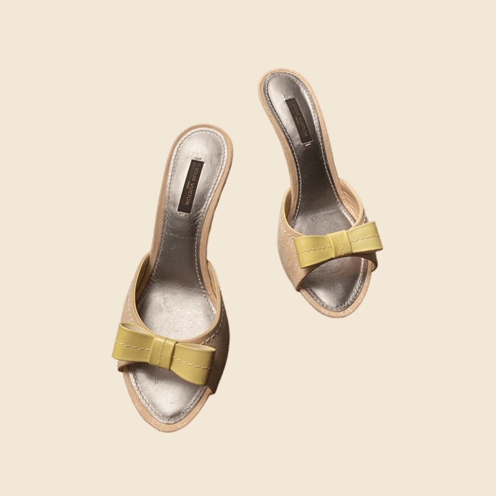 vintage louis vuitton yellow/creme monogram bow mules